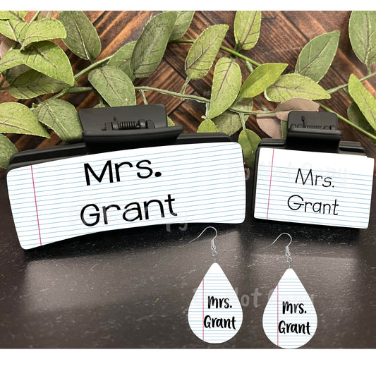 School, Teacher, Gift, Lined paper, Large hair clip, small hair clip, earrings, sublimation, png