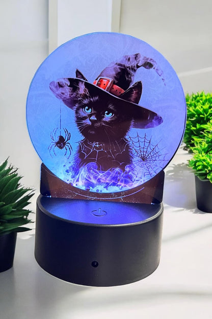 Black Cat Crystal Ball png - Sublimation Designs - Acrylic Light Base - Halloween Decor - Witch's Hat - Spider - Night Light