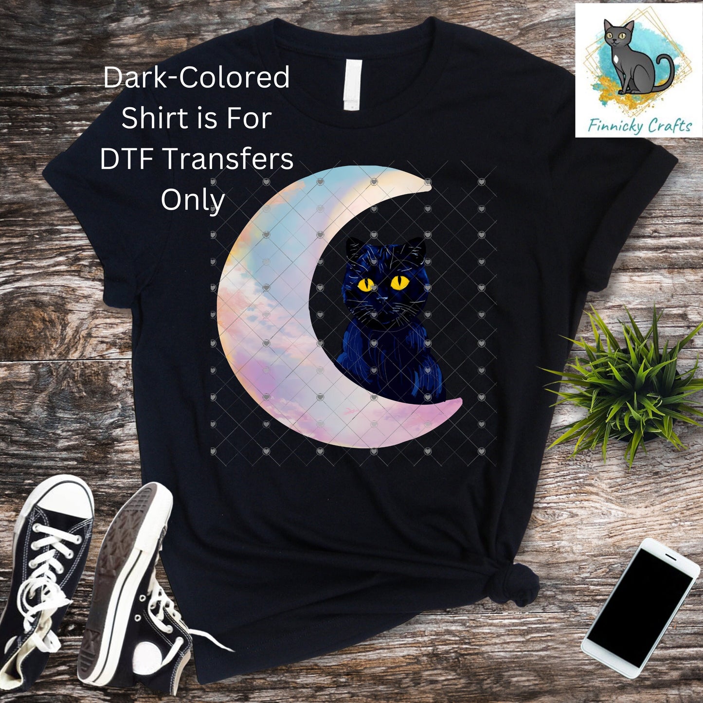 Moon Cat - Black Cat - Crescent Moon - 2 versions (Welcome & Blank) - Earrings - Signs - Design - PNG - T-shirts - DTF and Sublimation