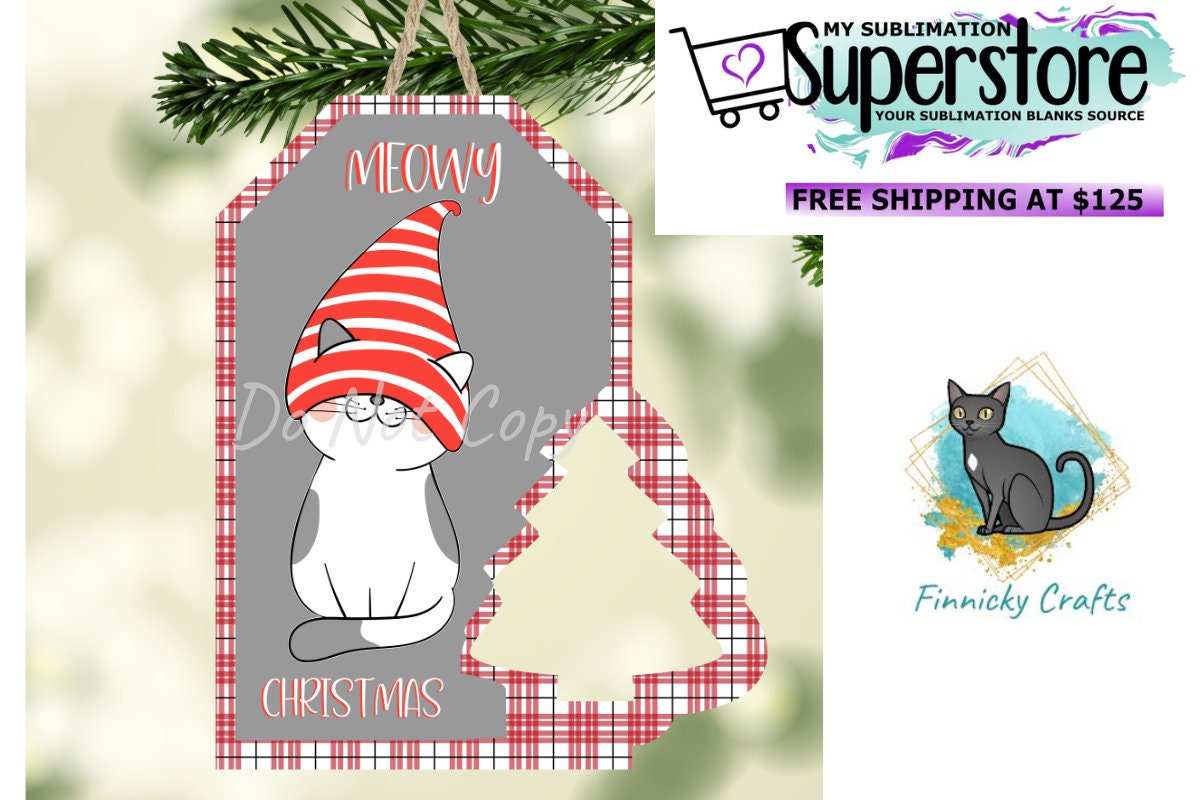 Meowy Christmas Cat and Treats on Earth Cat Tag with Tree Christmas Design Bundle png
