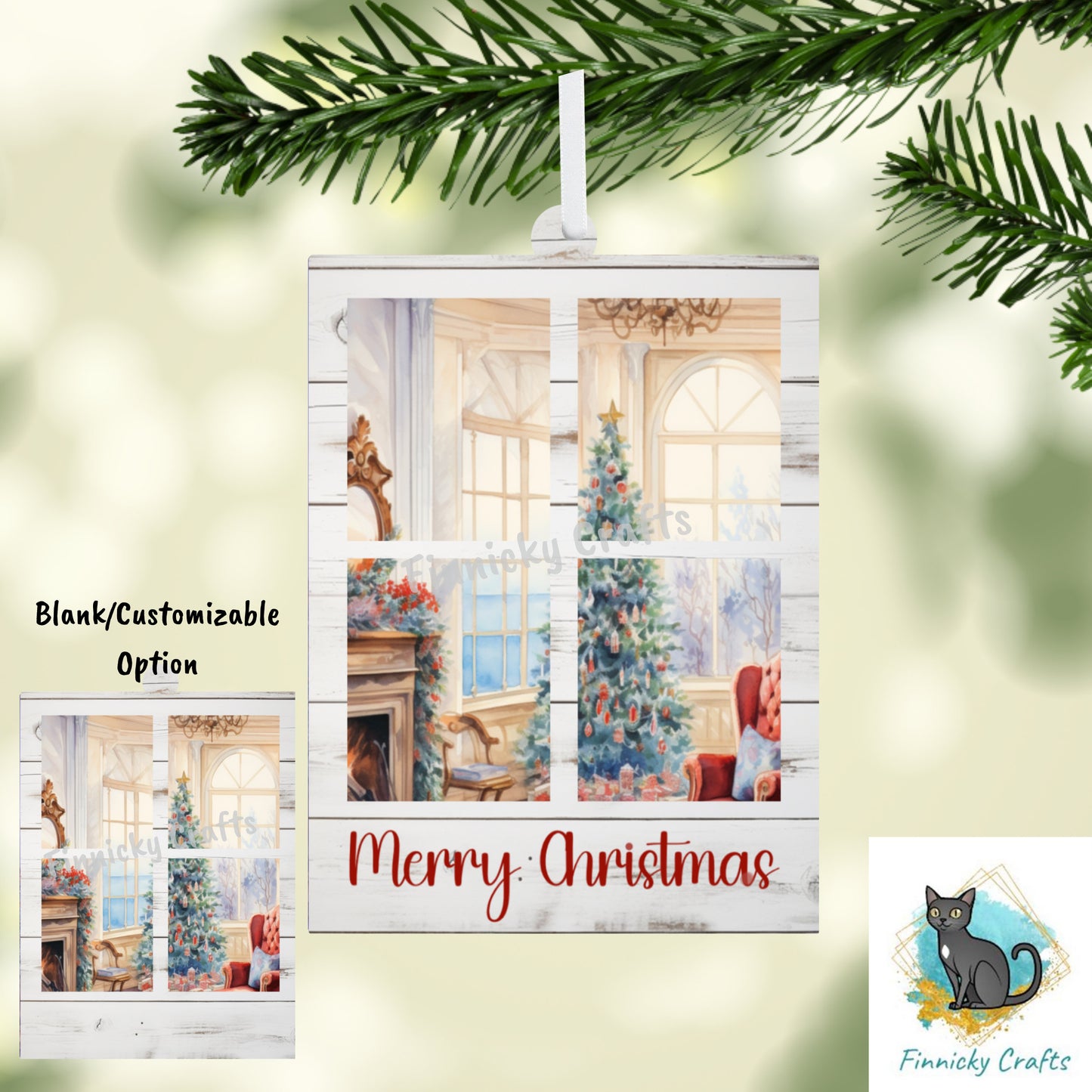 Window Scene Christmas Winter Customizable Ornament, Words and Blank, Sublimation, Digital, PNG, Design, Download.