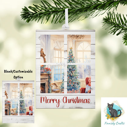 Window Scene Christmas Winter Customizable Ornament, Words and Blank, Sublimation, Digital, PNG, Design, Download.