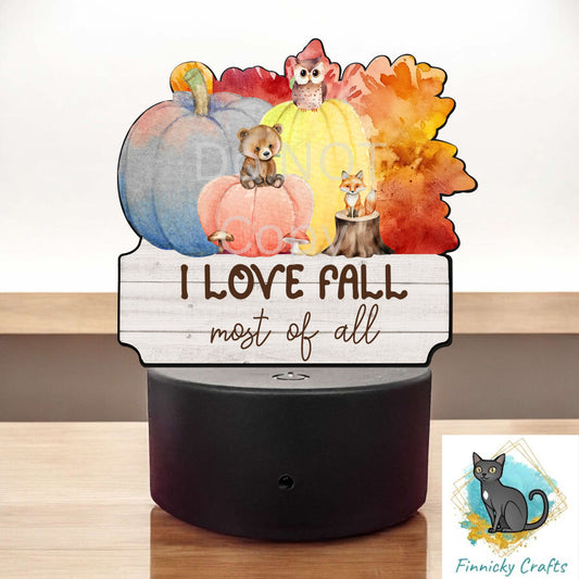 Fall Light Base, Love Fall Most of All, Sublimation Design PNG, Pumpkins, Welcome Sign, Woodland animals, autumn leaves, Words and blank