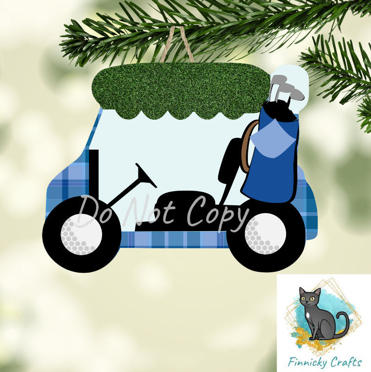 Golf Cart, Blue Plaid, Sublimation, PNG, Digital Download, Earrings, Door Hanger, Decoration, Ornament