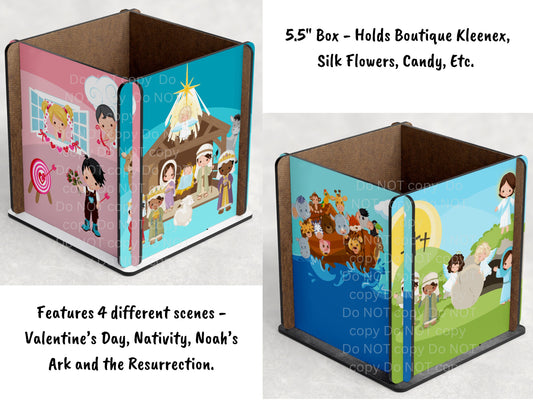Religious Scenes 5.5 Box PNG Sublimation Design, Nativity, Resurrection, Valentine's Day, Noah's Ark MDF Centerpiece Box Design Download