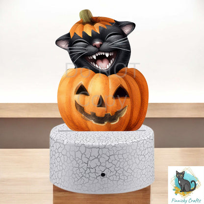 Black Cat in Pumpkin png - Sublimation Designs - Acrylic Light Base - Halloween Decor - Laughing Cat, Jack O'Lantern Night Light