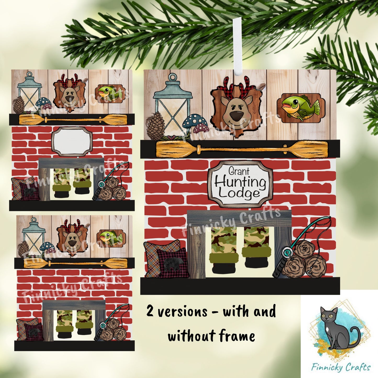 Santa Fireplace - Hunting Lodge - Customizable Ornament,  Sublimation, Digital, PNG, Design, Download, Hunters, Fishermen