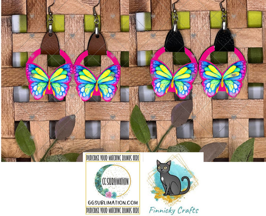 Hot Pink Leather Butterfly Earring PNG, Spring Earring Design, Sublimation Leather Earring.