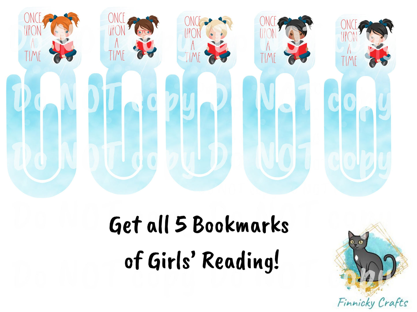 Little Girls Reading - Once Upon a Time - 5 Designs Bundle - Square bookmark - Instant Digital Download - PNG