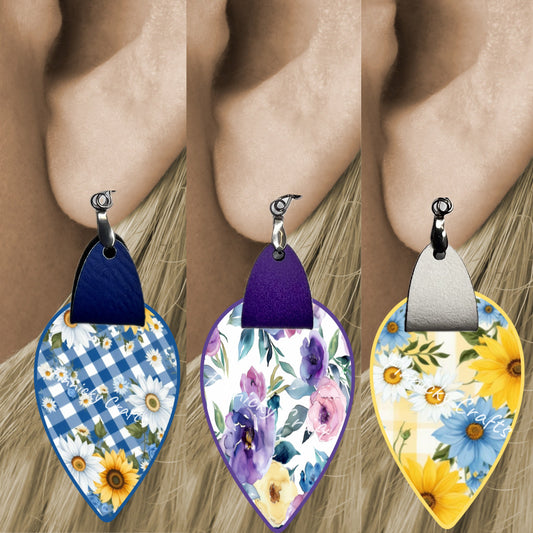 Teardrop Leather, flowers, gingham, summer, Earrings, Sublimation, Digital, PNG, Design, Download