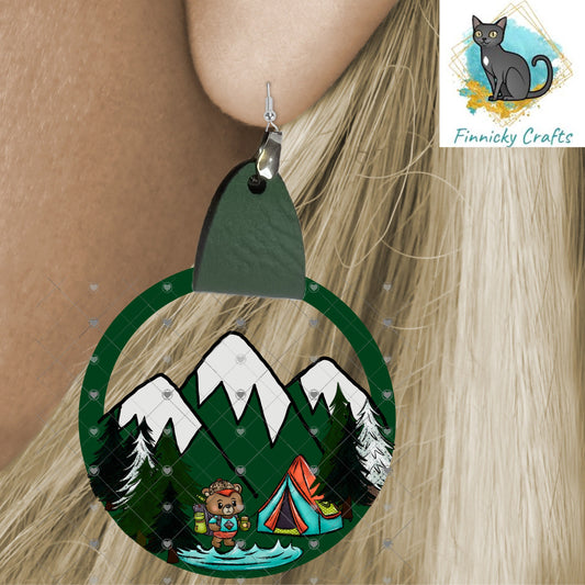Leather Mountain Earrings, Bear Camper, Camping, Sublimation, Digital, PNG, Design, Download