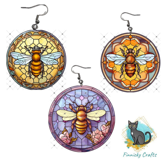 Round Circle Shaped Earrings, Stained Glass, Bees, PNG, Sublimation Design, Digital Download, Sign , Keychain / Badge Reel, Decor