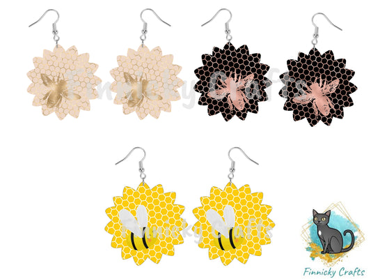Sunflower Shape Earrings, Bees, PNG File For Sublimation Design, Digital Download, Sign , Keychain / Badge Reel Sublimation, customizable