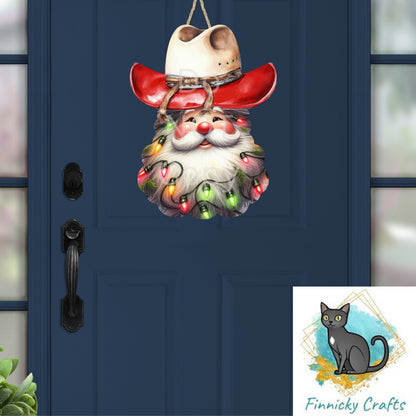 Western Cowboy Santa with Christmas lights - earrings, night light, sign, decor  -  Christmas Ornament Digital File, MDF, Sublimation, DTF