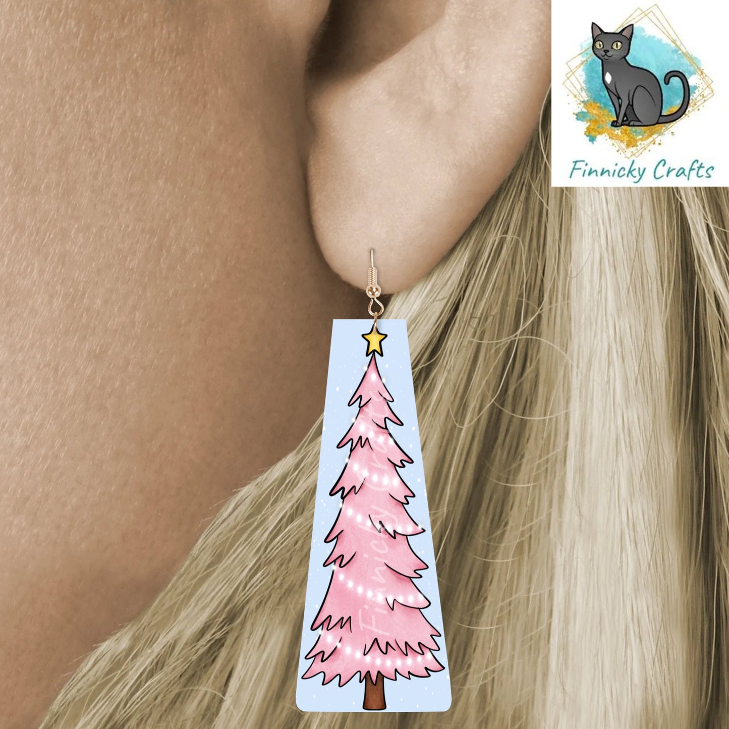 Modern Bar Cute Pink Christmas Tree - Digital Design- Earrings - Acrylic or MDF