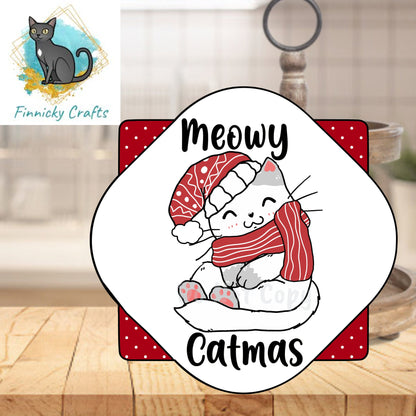 Meowy Catmas Christmas Cat Door Sign PNG, Quatrefoil Door Sign Digital Download for Sublimation, Door Hanger PNG