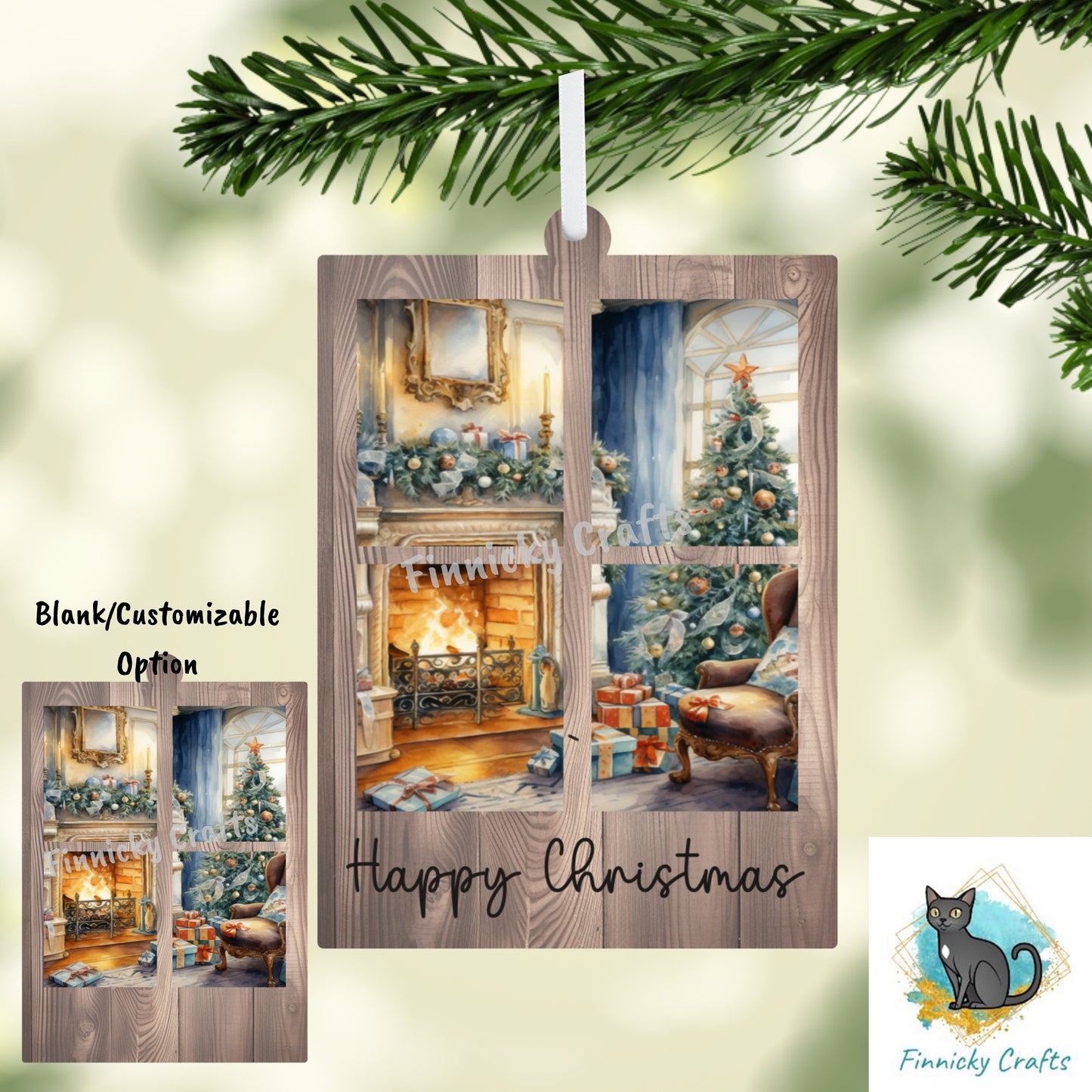 Window Scene Christmas Winter Customizable Ornament, Words and Blank, Sublimation, Digital, PNG, Design, Download.