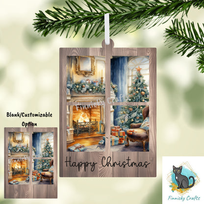 Window Scene Christmas Winter Customizable Ornament, Words and Blank, Sublimation, Digital, PNG, Design, Download.