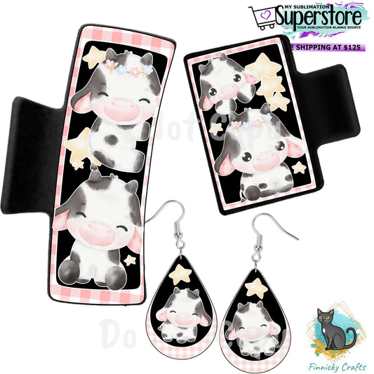 Black White Baby Cows Large hair clip, small hair clip, earrings, sublimation, png