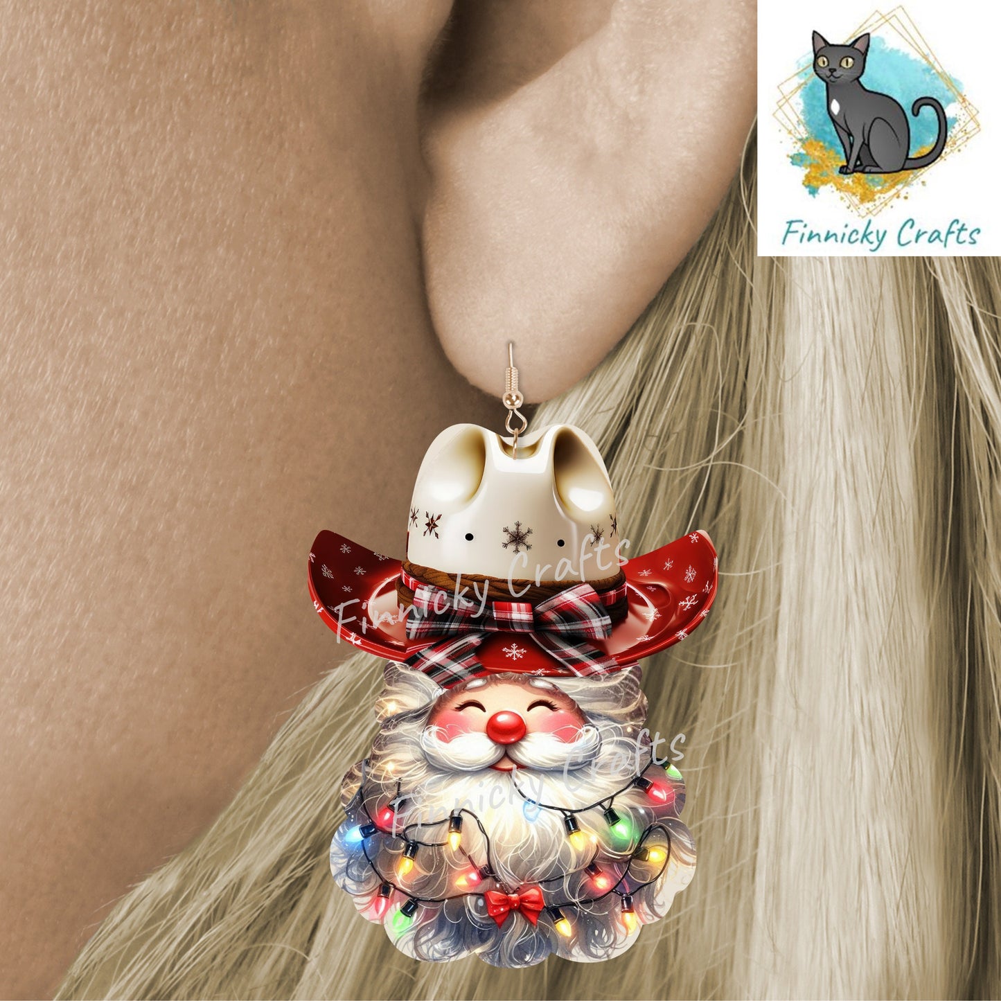 Western Cowboy Santa with Christmas lights - earrings, night light, sign, decor  -  Christmas Ornament Digital File, MDF, Sublimation, DTF