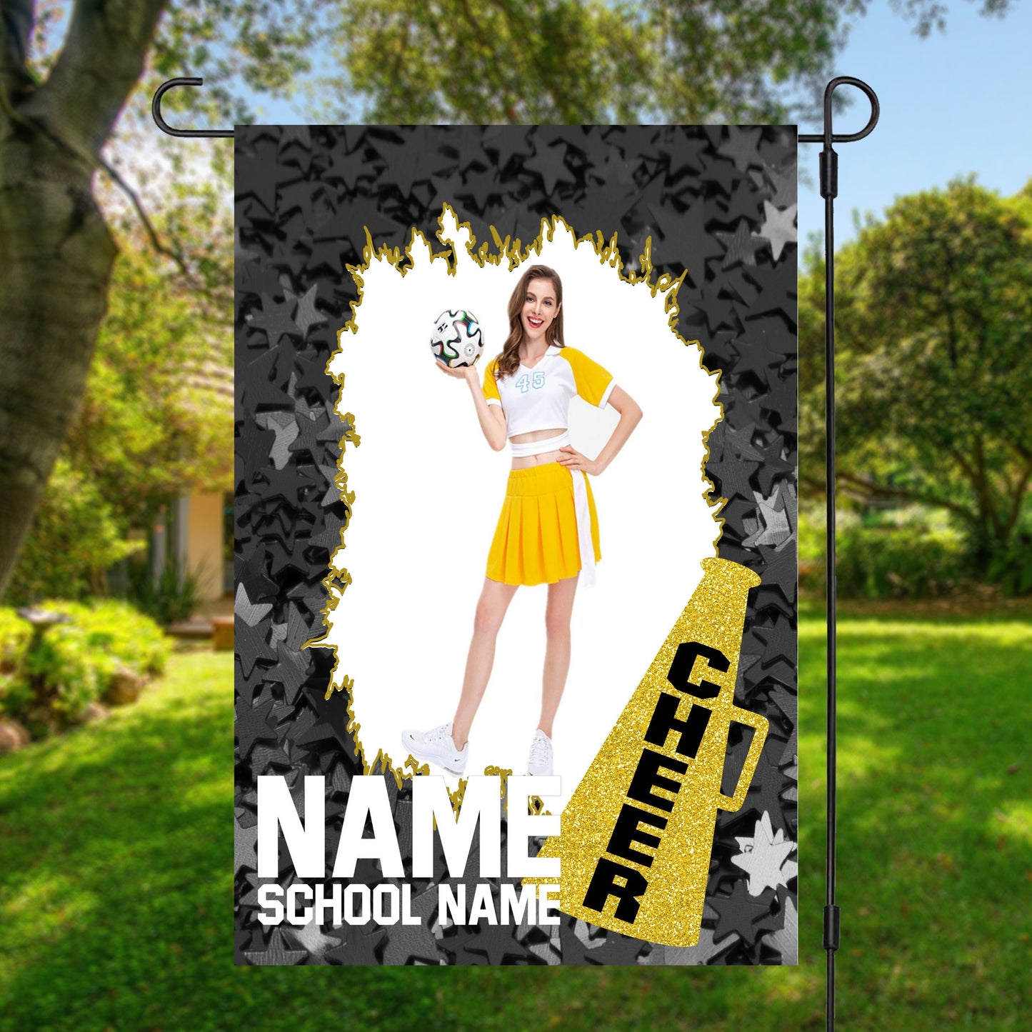 Cheerleader Garden Flag- Black Stars - Gold accents - Elementary/Grammar, Middle/Junior, High, College, University