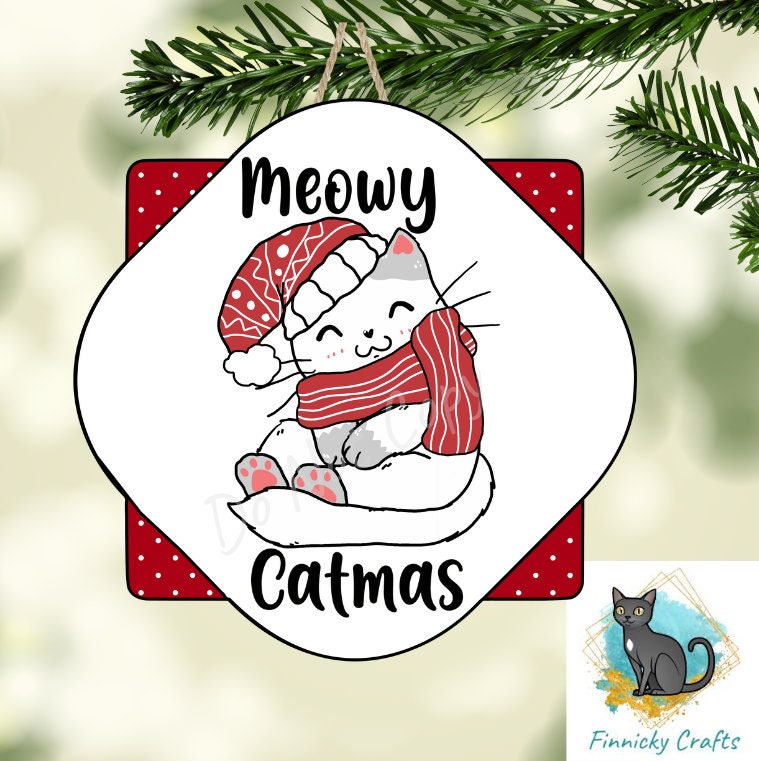 Meowy Catmas Christmas Cat Door Sign PNG, Quatrefoil Door Sign Digital Download for Sublimation, Door Hanger PNG
