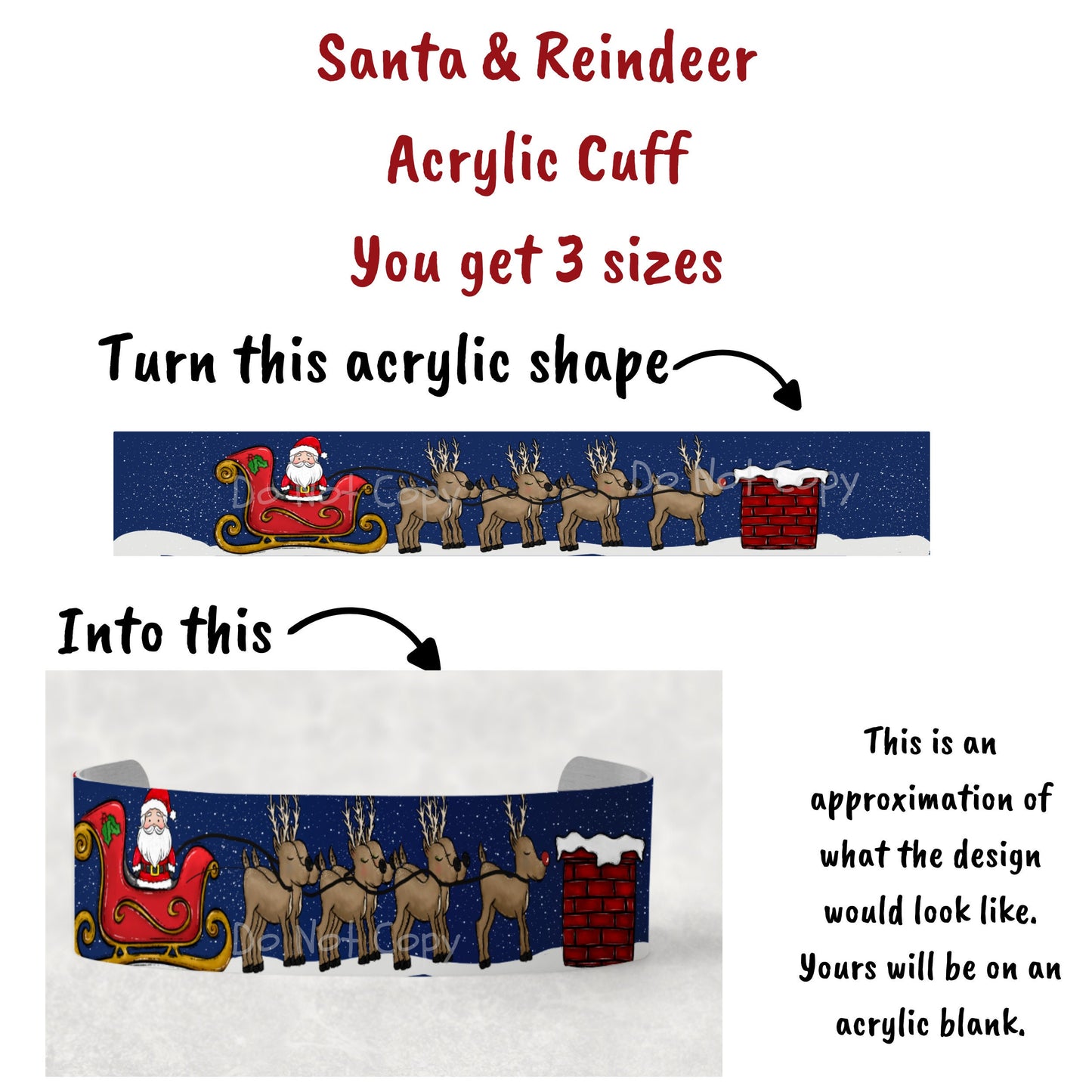 Santa & Reindeer on a Rooftop , Bracelet Cuff Sublimation Designs - Small, Medium, Large PNG files - Winter - Christmas