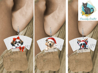 Swirl Stocking Design, Burlap, Peeking Dogs, Christmas, Sublimation, Digital Design, PNG, Earring, Ornament