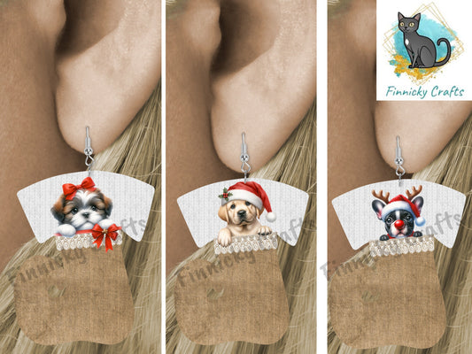 Swirl Stocking Design, Burlap, Peeking Dogs, Christmas, Sublimation, Digital Design, PNG, Earring, Ornament
