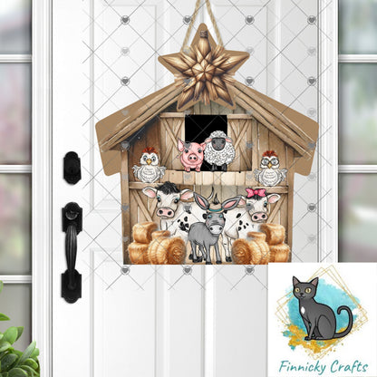 Barnyard Scene with Nativity Shape - Sublimation - Ornament, Decor, Etc. - Cows, Pigs, Donkey, Chickens, Sheep