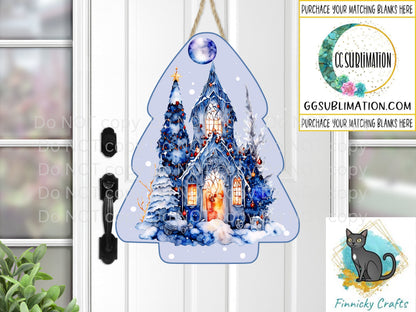 Chubby Tree Blue Winter Scene  PNG Sublimation Designs - Christmas Tree Earrings Instant Digital Download- Holiday Door or Wreath Hanger