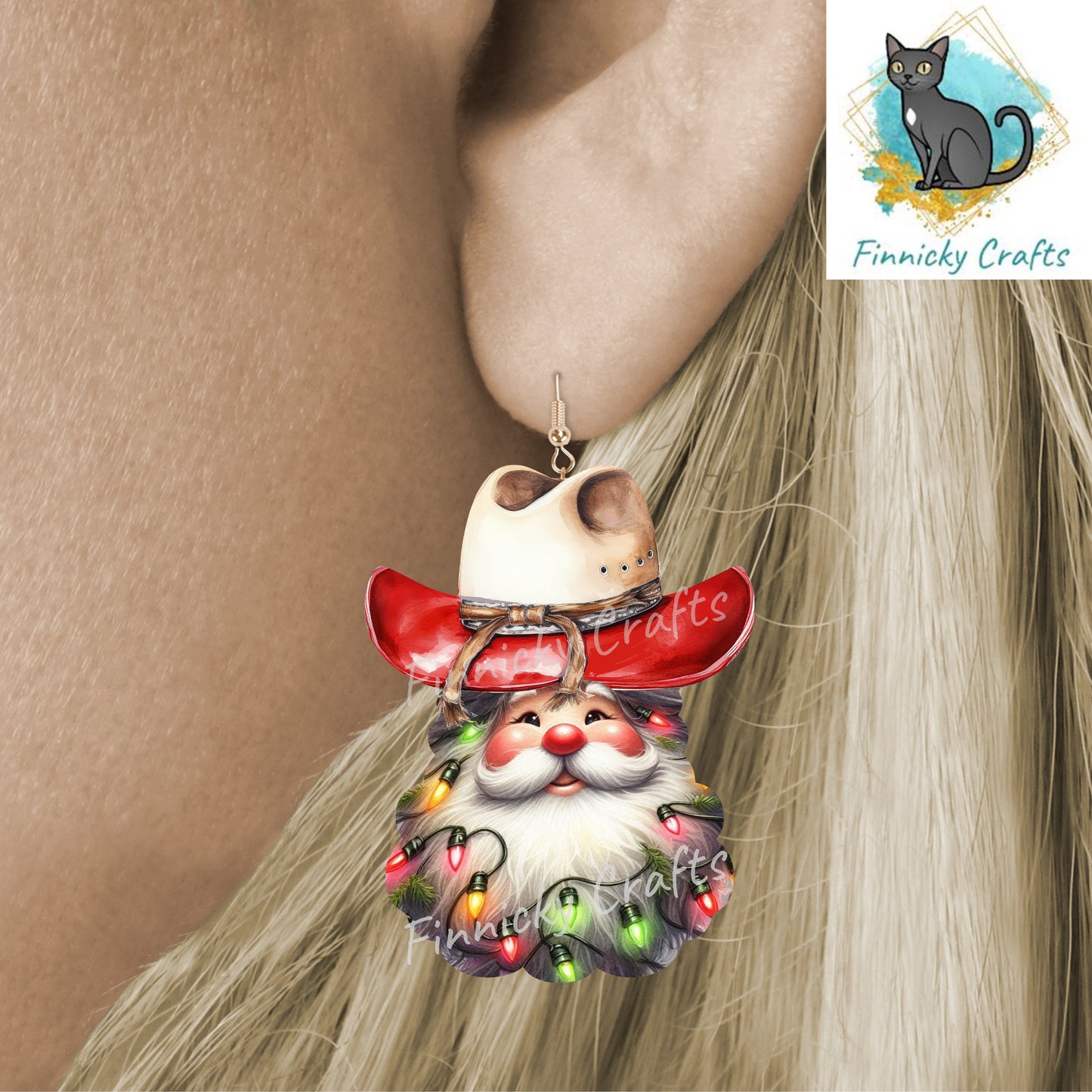 Western Cowboy Santa with Christmas lights - earrings, night light, sign, decor  -  Christmas Ornament Digital File, MDF, Sublimation, DTF