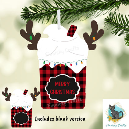 Reindeer Coffee - Christmas Winter Ornament, Customizable, Nightlight, Sublimation, Digital, PNG, Design, Download, Red Plaid, MDF & Acrylic