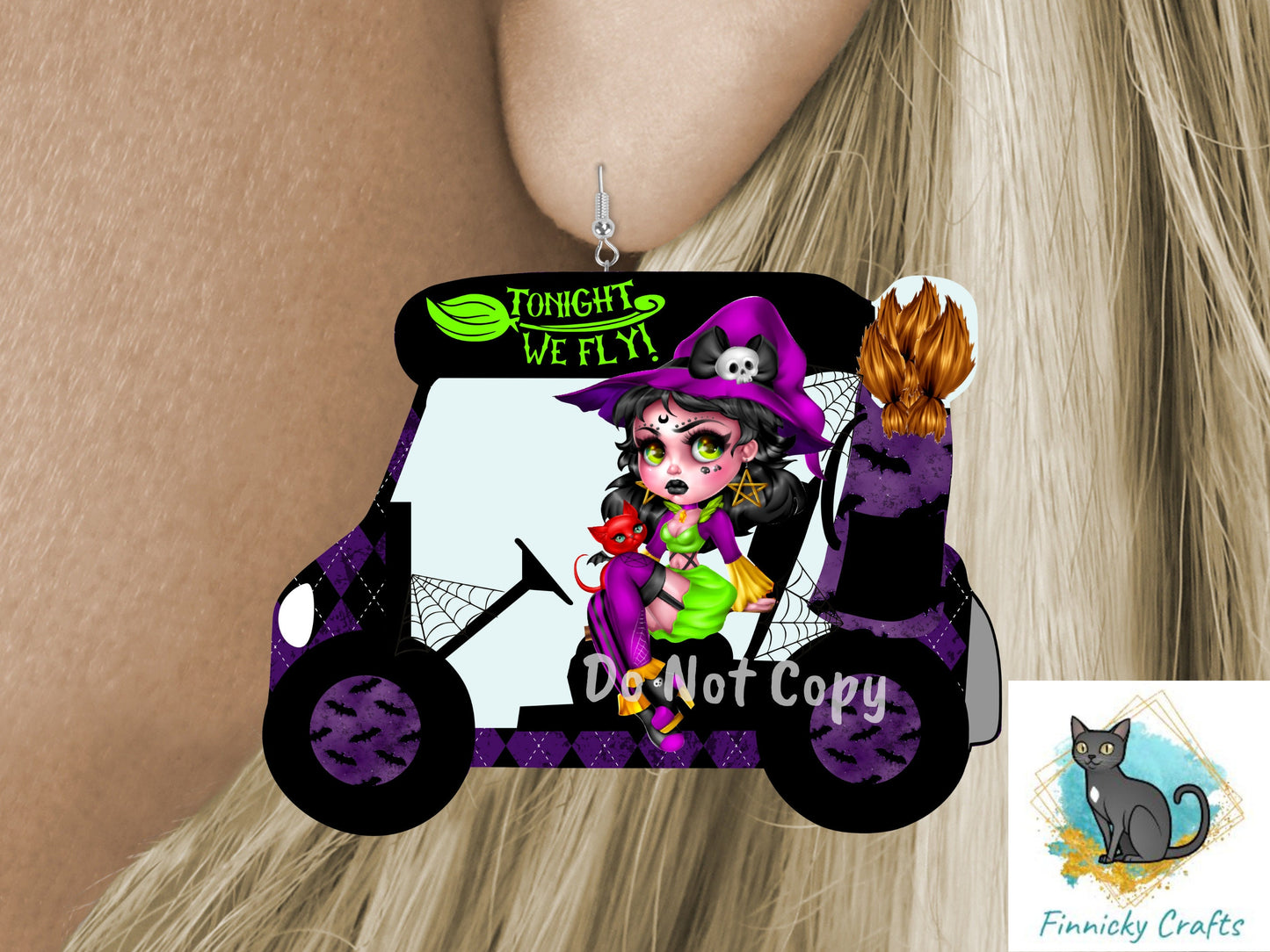 Tonight We Fly Witch/Halloween Golf Cart, Sublimation, PNG, Digital Download, Earrings, Door Hanger, Decoration, Ornament