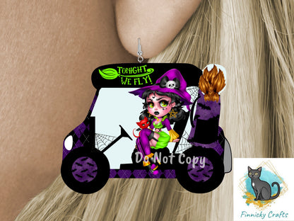 Tonight We Fly Witch/Halloween Golf Cart, Sublimation, PNG, Digital Download, Earrings, Door Hanger, Decoration, Ornament