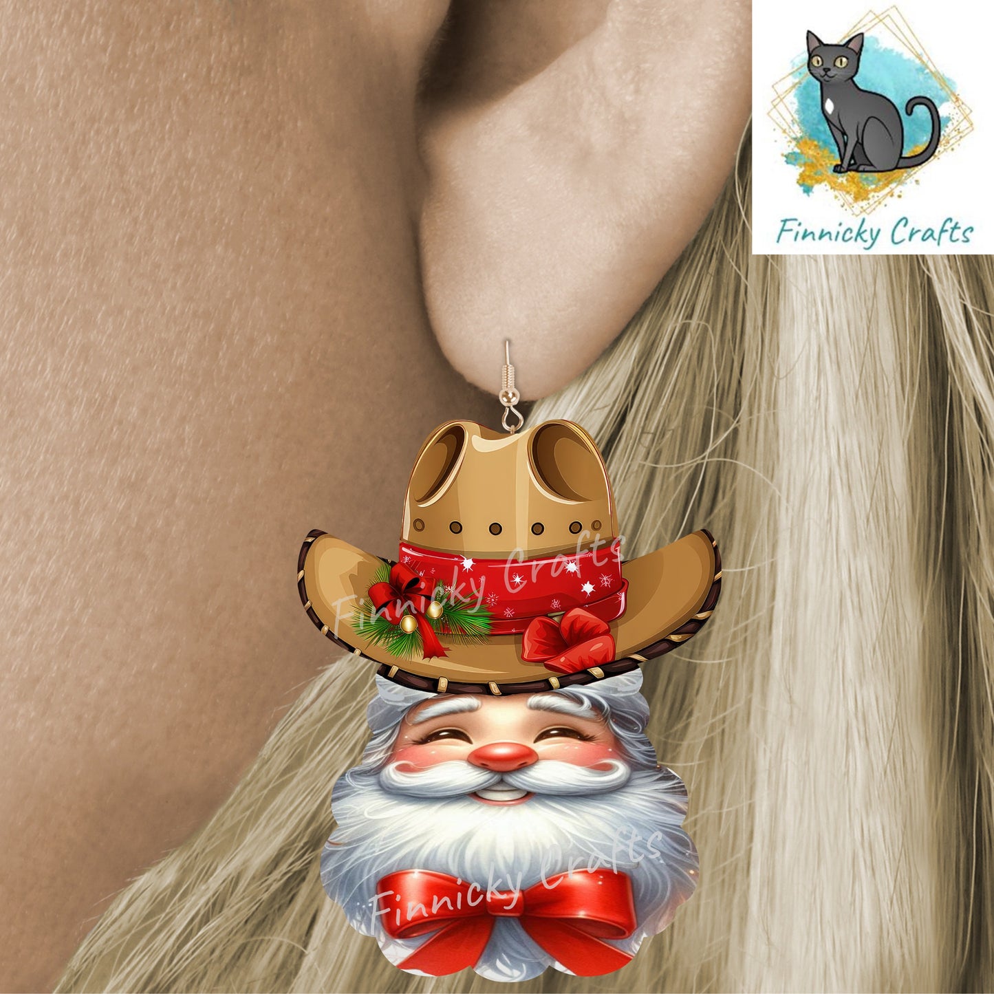 Western Cowboy Santa with red Christmas bow - earrings, night light, sign, decor  -  Christmas Ornament Digital File, MDF, Sublimation, DTF