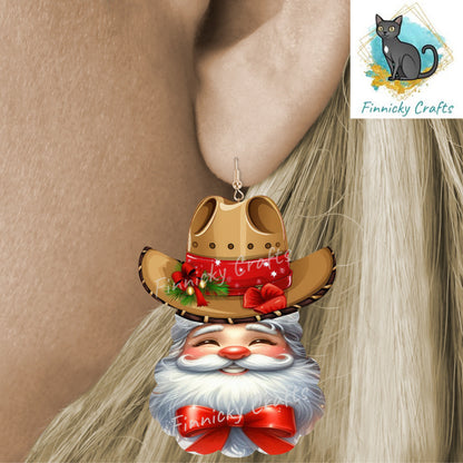Western Cowboy Santa with red Christmas bow - earrings, night light, sign, decor  -  Christmas Ornament Digital File, MDF, Sublimation, DTF