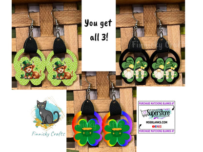 Clover with Leather Earrings, Shamrock, St. Patrick's Day, Gnomes, Rainbow, Gold, Highland Cow, Sublimation, PNG, Digital, Design, Download