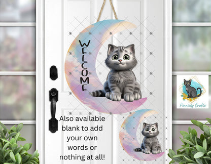 Moon Cat - Gray Cat - Crescent Moon - 2 versions (Welcome & Blank) - Earrings - Signs - Design - PNG - T-shirts - DTF and Sublimation