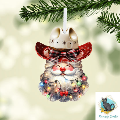 Western Cowboy Santa with Christmas lights - earrings, night light, sign, decor  -  Christmas Ornament Digital File, MDF, Sublimation, DTF