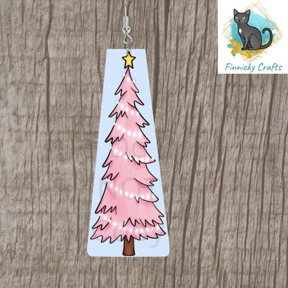 Modern Bar Cute Pink Christmas Tree - Digital Design- Earrings - Acrylic or MDF