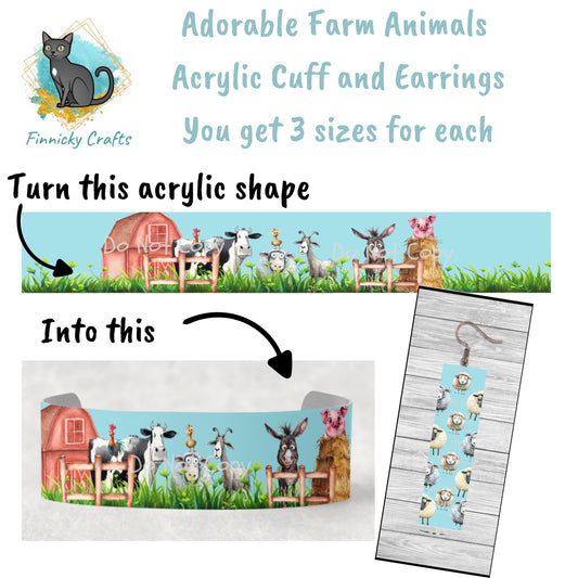 Adorable Farm Animals, Bracelet Cuff Sublimation Designs - Small, Medium, Large PNG files - Bonus Sheep Earrings