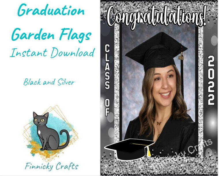 Black and Silver Graduation Garden Flag - Black and Silver - High School, Kindergarten, Trade School, College, University