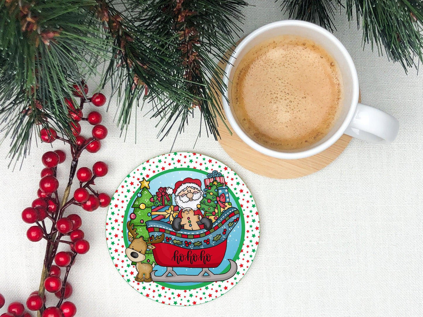 Christmas Santa Sleigh Reindeer Ho Ho Ho Round Sign - T-shirt - Hat - Pillow - Ornament - Coaster - Cup - Bag Design - Digital Download