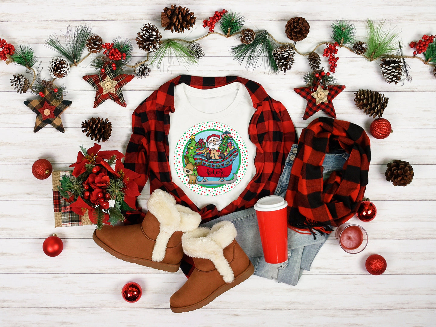 Christmas Santa Sleigh Reindeer Ho Ho Ho Round Sign - T-shirt - Hat - Pillow - Ornament - Coaster - Cup - Bag Design - Digital Download