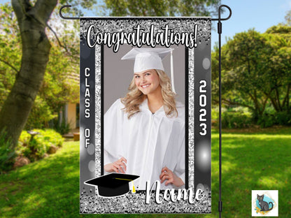 Black and Silver Graduation Garden Flag - Black and Silver - High School, Kindergarten, Trade School, College, University