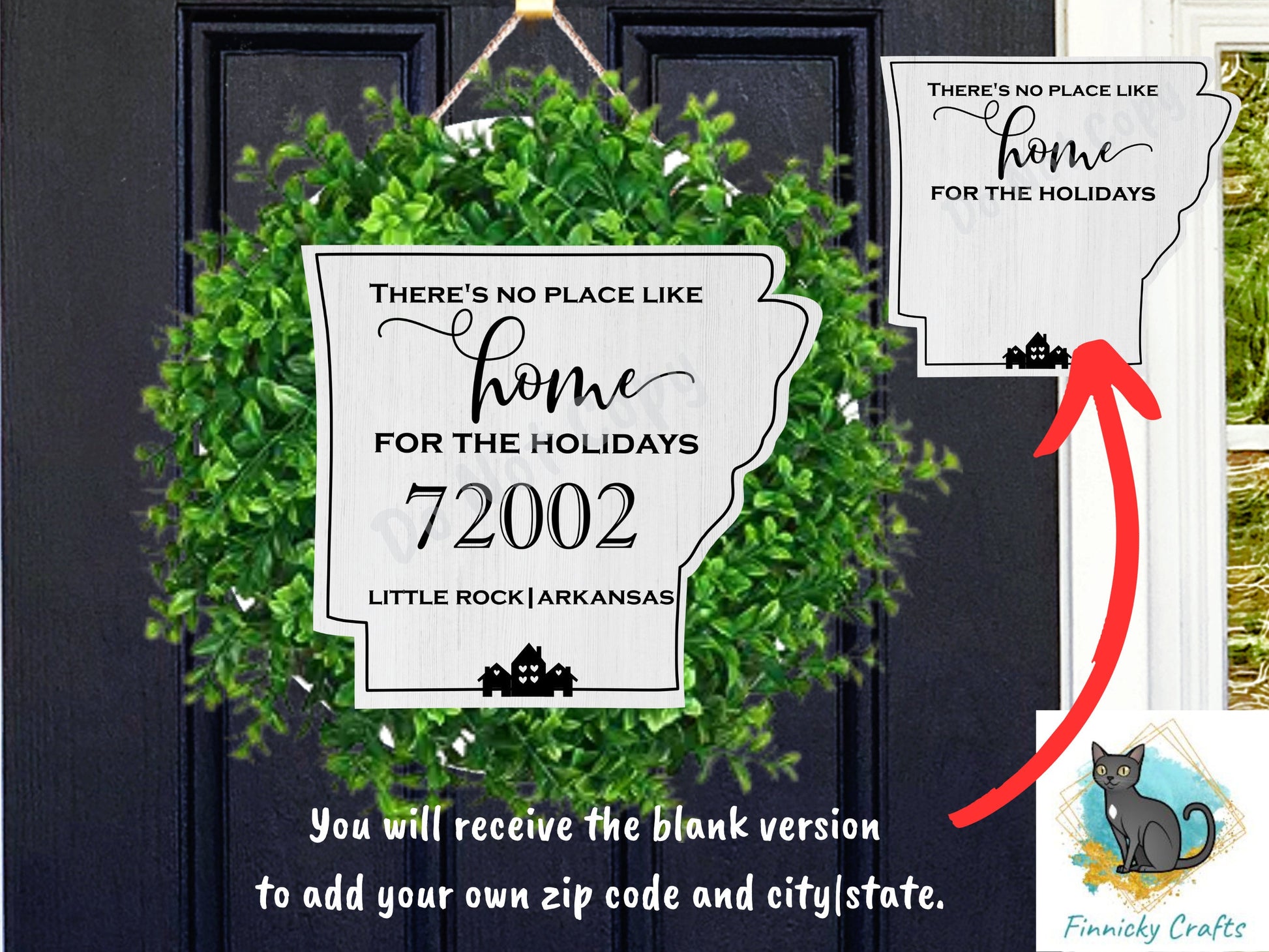 Customizable Arkansas State Shape, Home for the Holidays, Zip Code, Sublimation, PNG, Digital Download, Door Hanger, Ornament