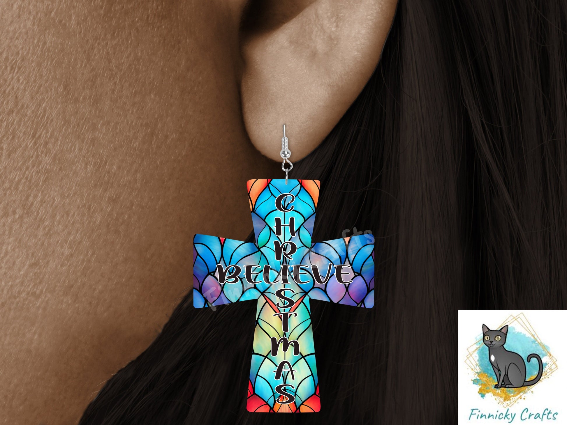 Christmas Stained Glass Cross, Sublimation, Digital, PNG Design, Download for Earrings, Wall Decor, Door Hanger, Keychain