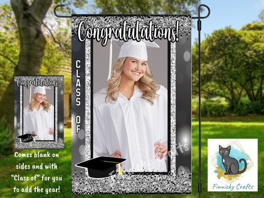 Black and Silver Graduation Garden Flag - Black and Silver - High School, Kindergarten, Trade School, College, University