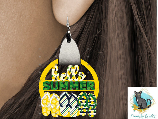 Leather Hello Summer Lemons Flip Flops Earrings PNG, Earring Design, Sublimation Leather Earring.